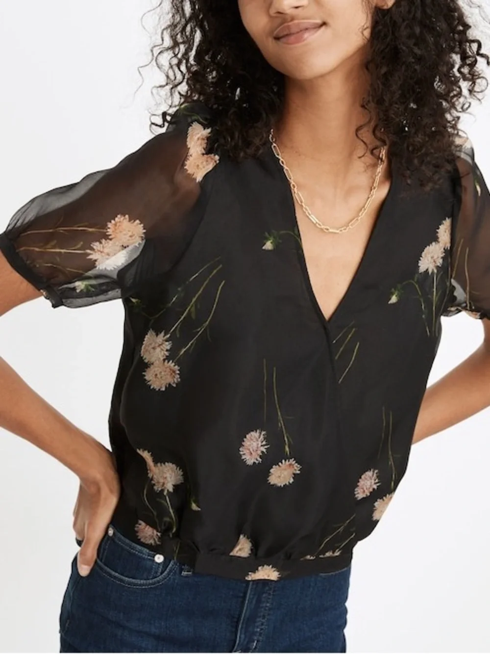 Madewell Silk Organza Puff-Sleeve Wrap Top in Aster Portrait